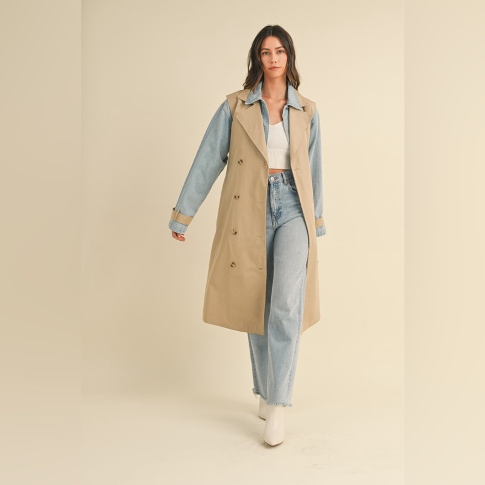 Layered Trench Coat with Denim Jacket Size M Tan Blue Outerwear Classic Neutral - Picture 5 of 12